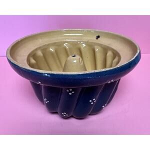 VINTAGE Alsace Pottery Pudding Cake Mold France Hand Painted Blue White Dots